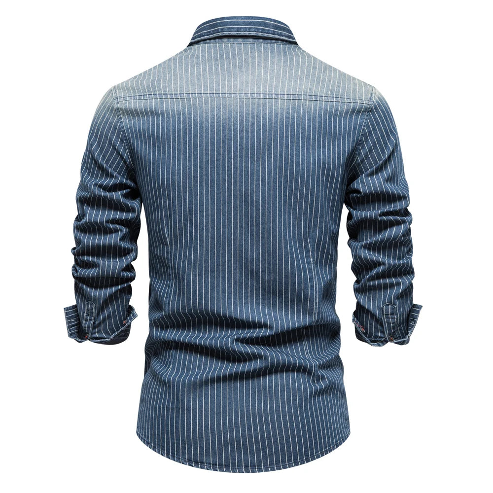 Cotton Men Denim Shirts Striped Stretch Long Sleeve High Quality Jeans Shirts for Men Casual Slim Cowboy Shirts Man