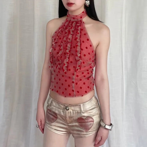 Load image into Gallery viewer, Y2k Aesthetics Red Halter Tops Vintage 2000s Style Polka Dot Camisole Japanese Harajuku Backless Tank Top Korean Popular
