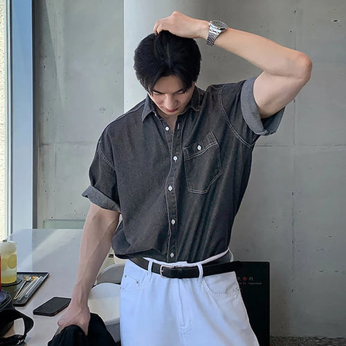 Load image into Gallery viewer, Men's Shirts Short Sleeve New Korean Simple Denim Top Casual Turn-down Collar Single Breasted Tredny Male Clothing 9W1821
