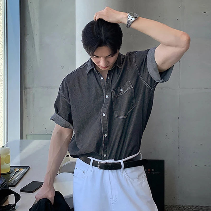 Men's Shirts Short Sleeve New Korean Simple Denim Top Casual Turn-down Collar Single Breasted Tredny Male Clothing 9W1821