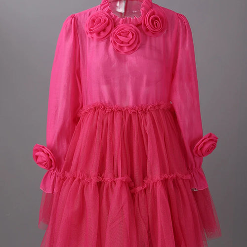 Load image into Gallery viewer, Women Rose Red Mesh Flower Big Size Mini Dress New Stand Collar Long Sleeve Fashion Tide Spring Autumn 2025 CPG3051
