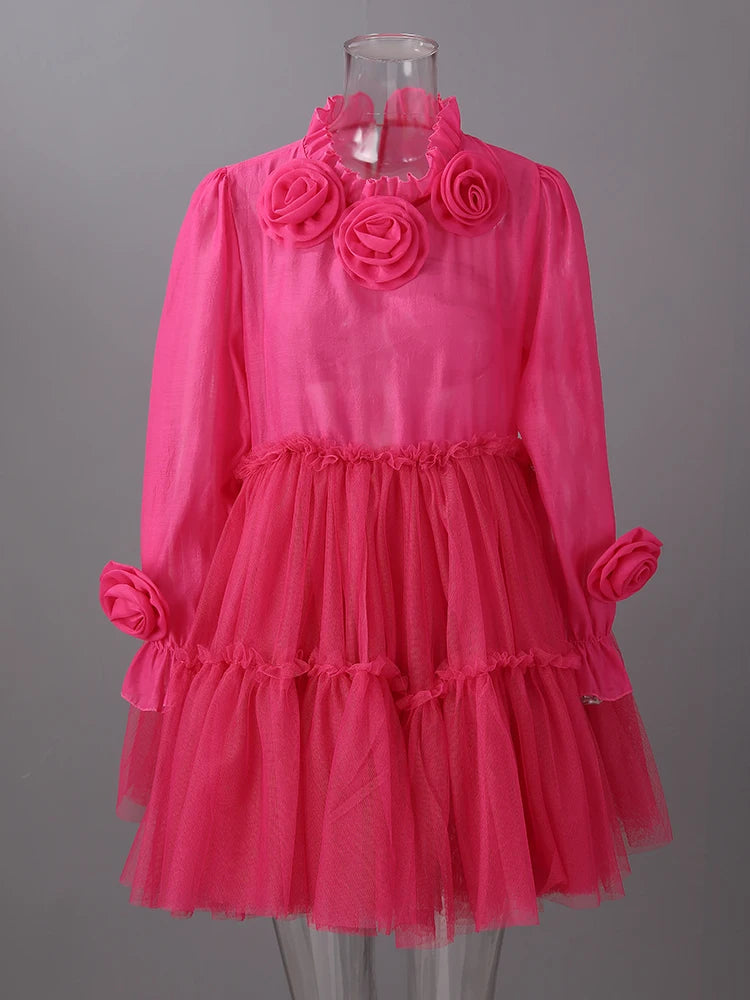 Women Rose Red Mesh Flower Big Size Mini Dress New Stand Collar Long Sleeve Fashion Tide Spring Autumn 2025 CPG3051