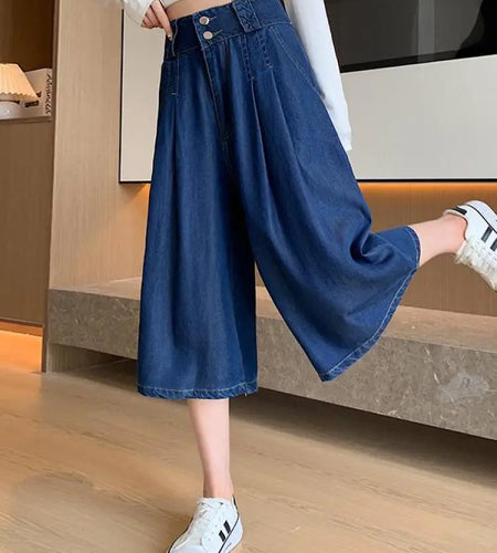 Retro Blue High Waisted Wide Leg Pleated Jeans Women's Spring Summer Loose Straight Seven Point Denim Pants Streetwear Fashion
