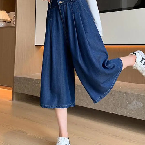 Load image into Gallery viewer, Retro Blue High Waisted Wide Leg Pleated Jeans Women's Spring Summer Loose Straight Seven Point Denim Pants Streetwear Fashion
