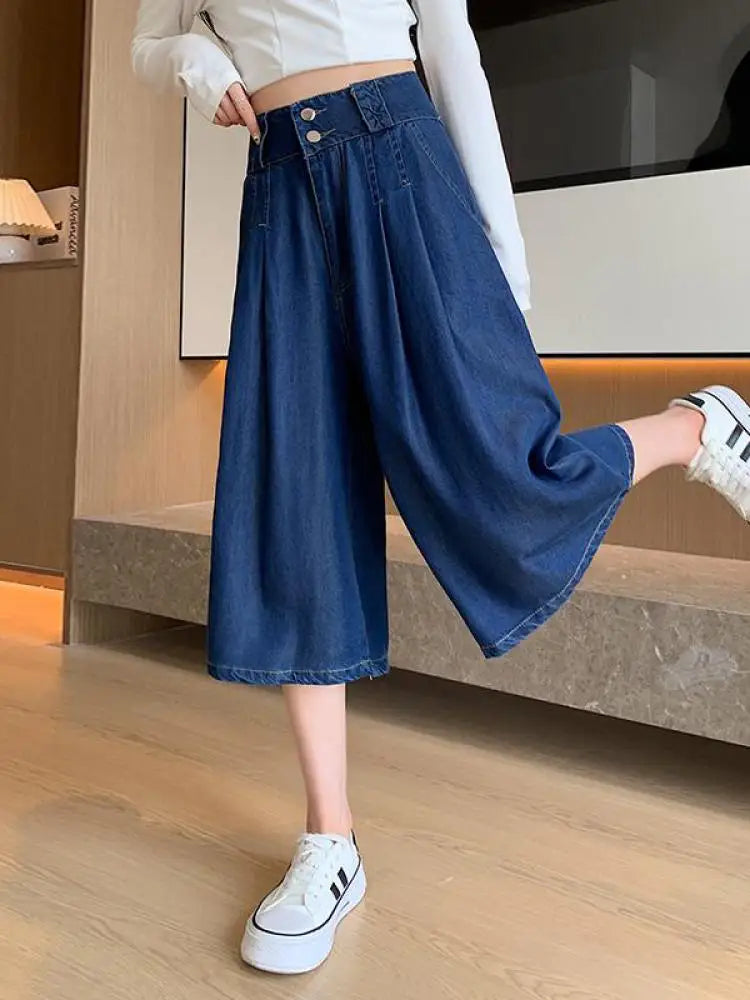 Retro Blue High Waisted Wide Leg Pleated Jeans Women's Spring Summer Loose Straight Seven Point Denim Pants Streetwear Fashion
