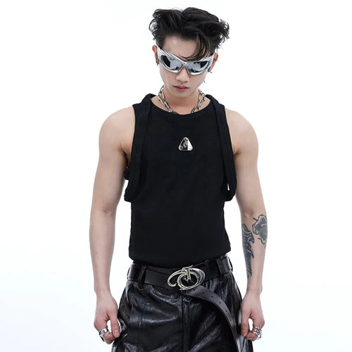 Load image into Gallery viewer, Summer Male Tank Tops Metal Design Double Straps Tops Sleeveless O-neck Solid Color Men&#39;s Vest Niche Style 9C6749
