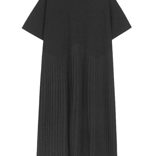 Load image into Gallery viewer, Women Black Pleated Spliced Big Size Midi Dress New Round Neck Short Sleeve Fashion Tide Spring Summer 2025  1DJ0989
