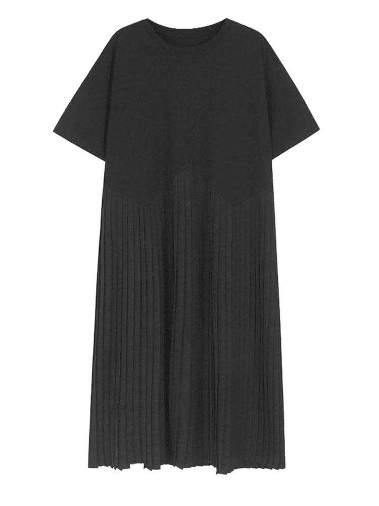 Women Black Pleated Spliced Big Size Midi Dress New Round Neck Short Sleeve Fashion Tide Spring Summer 2025  1DJ0989