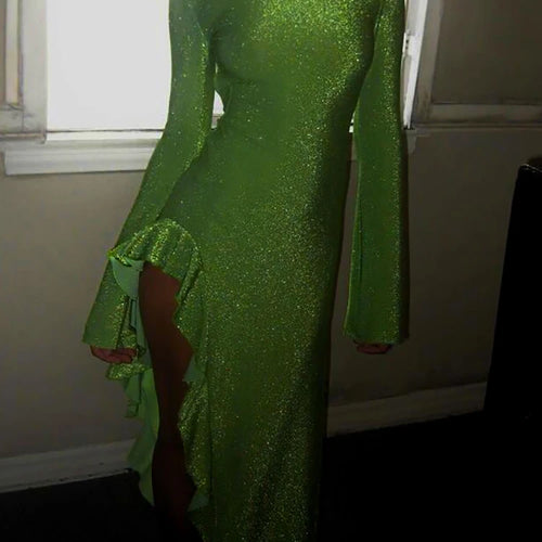Load image into Gallery viewer, Glitter Thigh High Split Sexy Maxi Dress For Women Gown O Neck Long Sleeve Backless Ruffled Shiny Long Dress Gown
