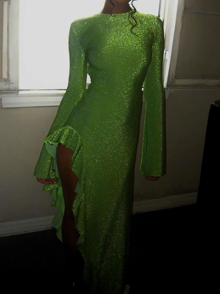 Glitter Thigh High Split Sexy Maxi Dress For Women Gown O Neck Long Sleeve Backless Ruffled Shiny Long Dress Gown