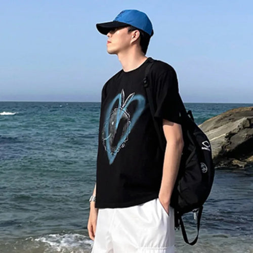 Load image into Gallery viewer, Korean Style Summer Male Casual T-shirts O-neck Short Sleeve Men&#39;s Tees Heart Printing Loose Clothing 9C6230
