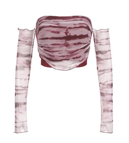 Crop Top Sexy T Shirts for Women Chic Tie-dye Gauze Long Sleeve Tees Slash Neck Tunic Camisetas Backless Chic Summer Y2k Tshirt