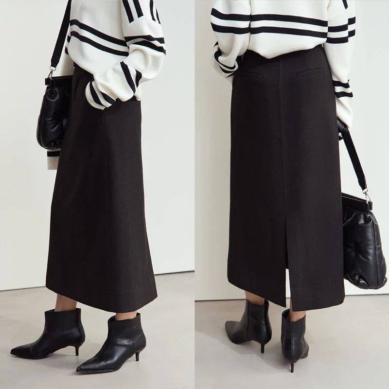 Minimalism Women's Elegant Commuter Skirts with Velvet Belt 2024 Winter Twill Fabric Warm Slit Straight Midi Skirt 12444183