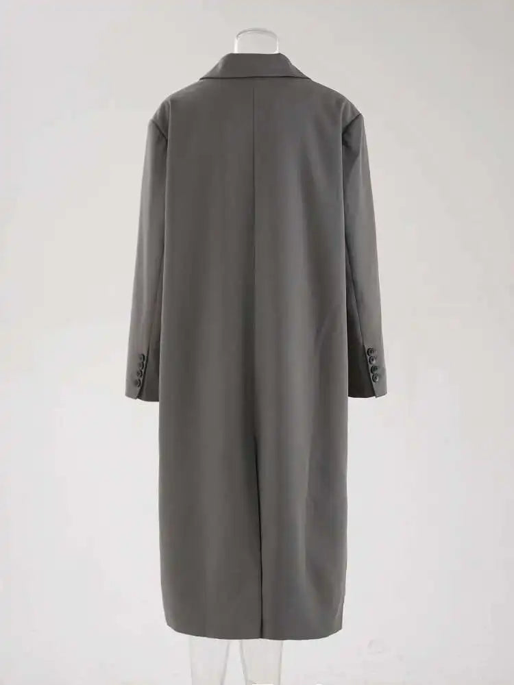 Women Gray Button Design Big Size Long Elegant Blazer New Lapel Long Sleeve Jacket Fashion Tide Spring Autumn 2025 CPDB250