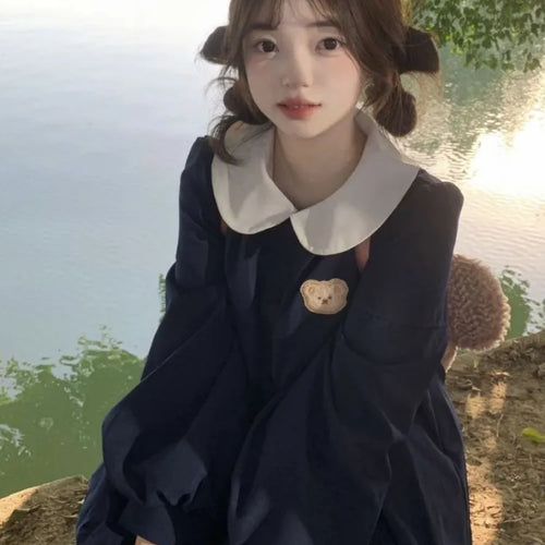 Load image into Gallery viewer, Japanese Harajuku Preppy Style School Student Kawaii Dresses Sweet Korean Peter Pan Collar Long Sleeve Dresses Autumn
