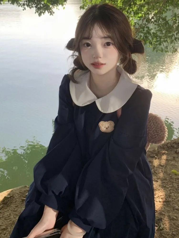 Japanese Harajuku Preppy Style School Student Kawaii Dresses Sweet Korean Peter Pan Collar Long Sleeve Dresses Autumn