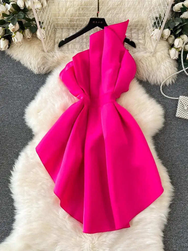 Pink Asymmetry Strapless Zipper Pleated Party Tops Women Sleeveless Ruffles Irregular 2023 Summer Elegant Slim Evening Gowns Top