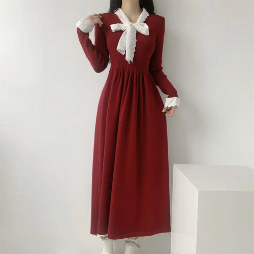Load image into Gallery viewer, Korean Retro 2024 New Women Black Beige Patchwork Lace Holiday Pleated Dress Autumn Winter Red Bow Bandage Knitted Dress Popular
