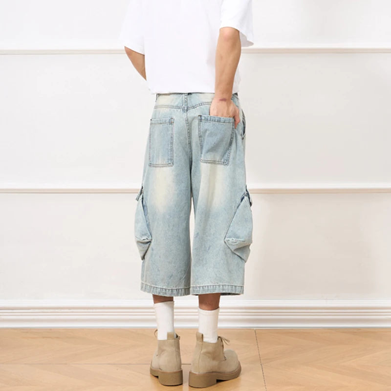 Men's Jeans New American Style Distressed Washed Multi Pockets Trendy Straight Leg Stylish Male Casual Bottoms 9W1910