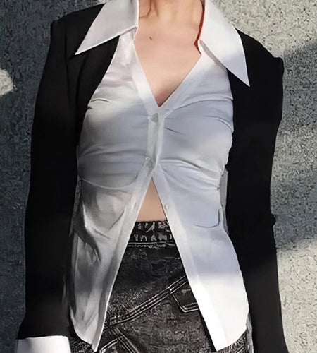 Hit Color Patchwork Button Loose Shirts For Women Lapel Long Sleeve Temperament Minimalist Tunic Blouse Female New