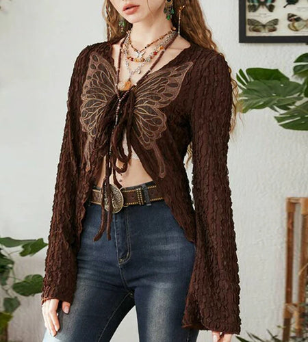 Grunge Fairycore y2k Brown Autumn Tee Shirts Vintage Butterfly Embroidery Tie Up Top Cardigan Chic Shirred Aesthetic