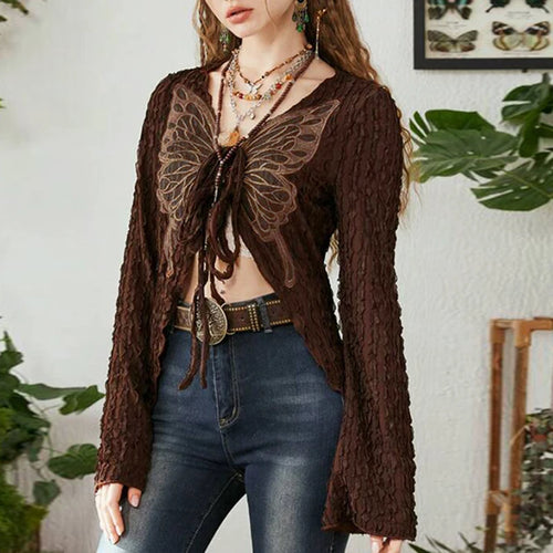 Load image into Gallery viewer, Grunge Fairycore y2k Brown Autumn Tee Shirts Vintage Butterfly Embroidery Tie Up Top Cardigan Chic Shirred Aesthetic

