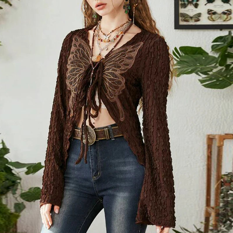 Grunge Fairycore y2k Brown Autumn Tee Shirts Vintage Butterfly Embroidery Tie Up Top Cardigan Chic Shirred Aesthetic