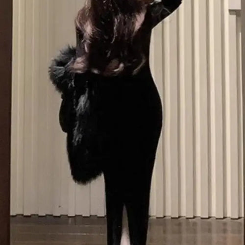 Load image into Gallery viewer, Korean Version Autumn Winter Black Diamond V Neck Elegant Wrap Hip Dress Vintage Women Long Sleeves Festival Knitted Dress 2024
