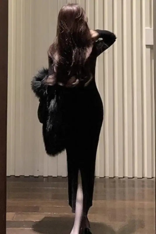 Korean Version Autumn Winter Black Diamond V Neck Elegant Wrap Hip Dress Vintage Women Long Sleeves Festival Knitted Dress 2024