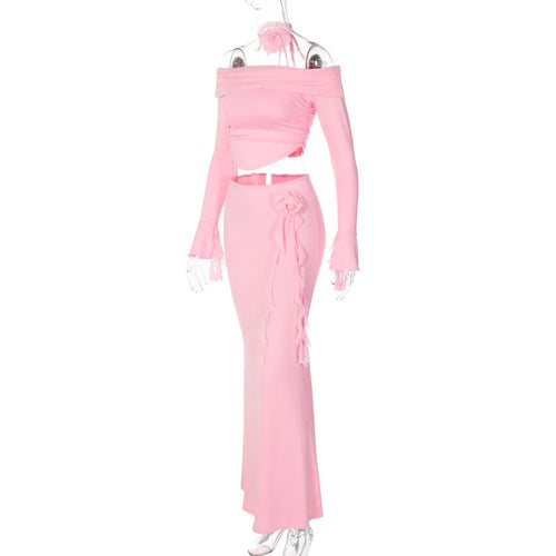 Load image into Gallery viewer, Elegant Halter 3D Flower Two Piece Sets Women Fashion Off-shoulder Tops And Maxi Skirt Matching Sets Bodycon Sexy Dress
