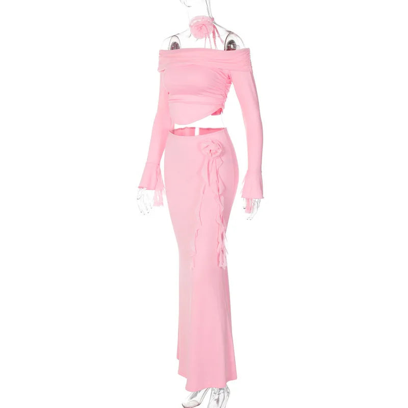 Elegant Halter 3D Flower Two Piece Sets Women Fashion Off-shoulder Tops And Maxi Skirt Matching Sets Bodycon Sexy Dress