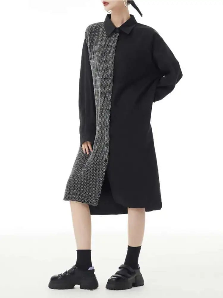 Women Black Color-block Big Size Midi Shirt Dress New Lapel Long Sleeve Loose Fit Fashion Tide Spring Autumn 2025 1DH2095