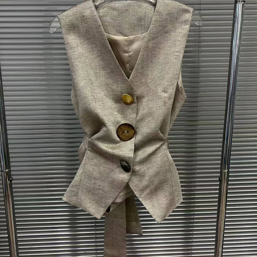 Load image into Gallery viewer, Hit Color Two Piece Sets for Women V Neck Sleeveless Spliced Irregular Button Jacket Printing Skirt Set Female New
