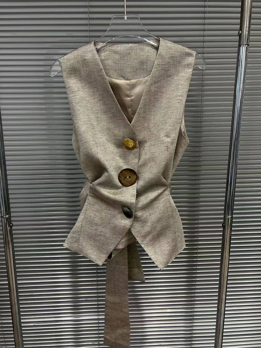 Hit Color Two Piece Sets for Women V Neck Sleeveless Spliced Irregular Button Jacket Printing Skirt Set Female New