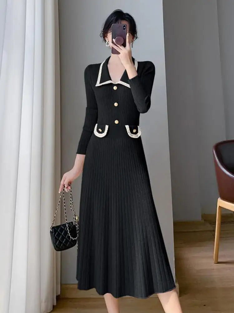 Women Lapel Single Breasted Patchwork Midi Sweater Dress Elegant Fashion Pullover Bodycon Streetwear Knit Dress 2023 New Autumn