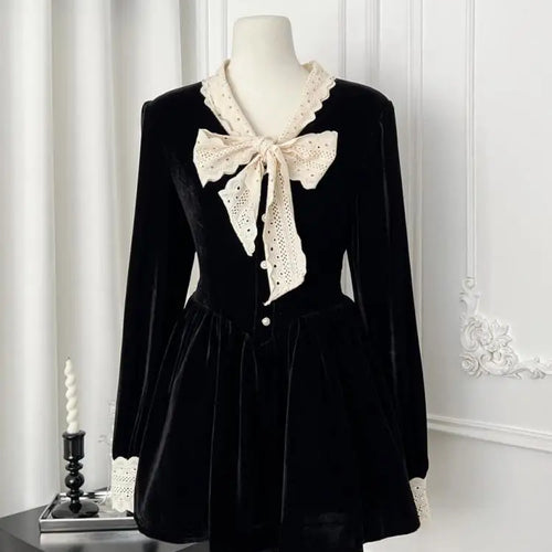 Load image into Gallery viewer, French Retro Women Beige Velvet Patchwork Lace Bow Button Mini Dress Autumn Winter Long Sleeved High Waist Pleated Short Dresses
