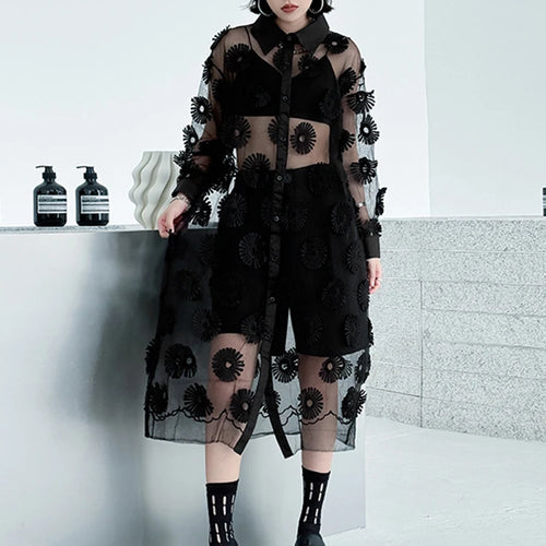 Load image into Gallery viewer, Women Black Mesh Embroidery Perspective Big Size Shirt Dress New Lapel Long Sleeve Fashion Spring Summer 2025 1DJ1154
