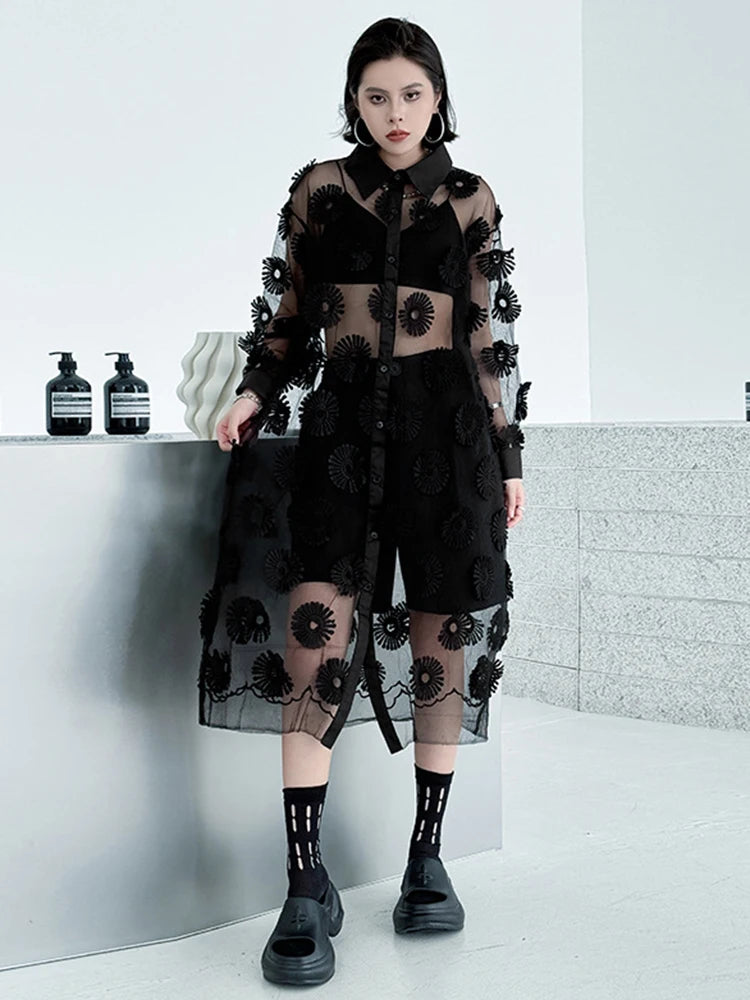 Women Black Mesh Embroidery Perspective Big Size Shirt Dress New Lapel Long Sleeve Fashion Spring Summer 2025 1DJ1154