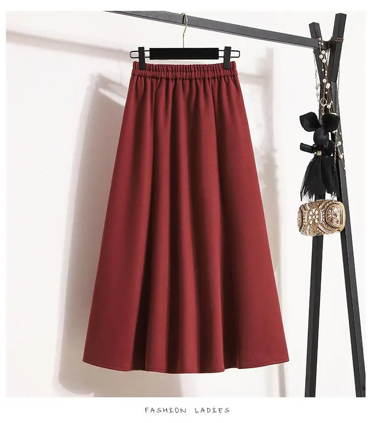 Autumn Winter Black Brown Oversized Woolen Long Skirt Women Fashion Korean Ladies Red High Waist Festival Pleated A-line Skirts