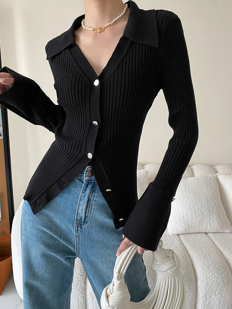 Solid Knitting Sweaters For Women Lapel Long Sleeve Single Breasted Slimming Casual Cardigans Female Fashion New