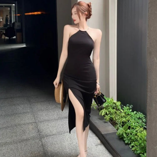 Load image into Gallery viewer, Black Chain Halter Dresses Vintage Elegant Evening Party Bodycon Off Shoulder Backless Split Dress Fashion
