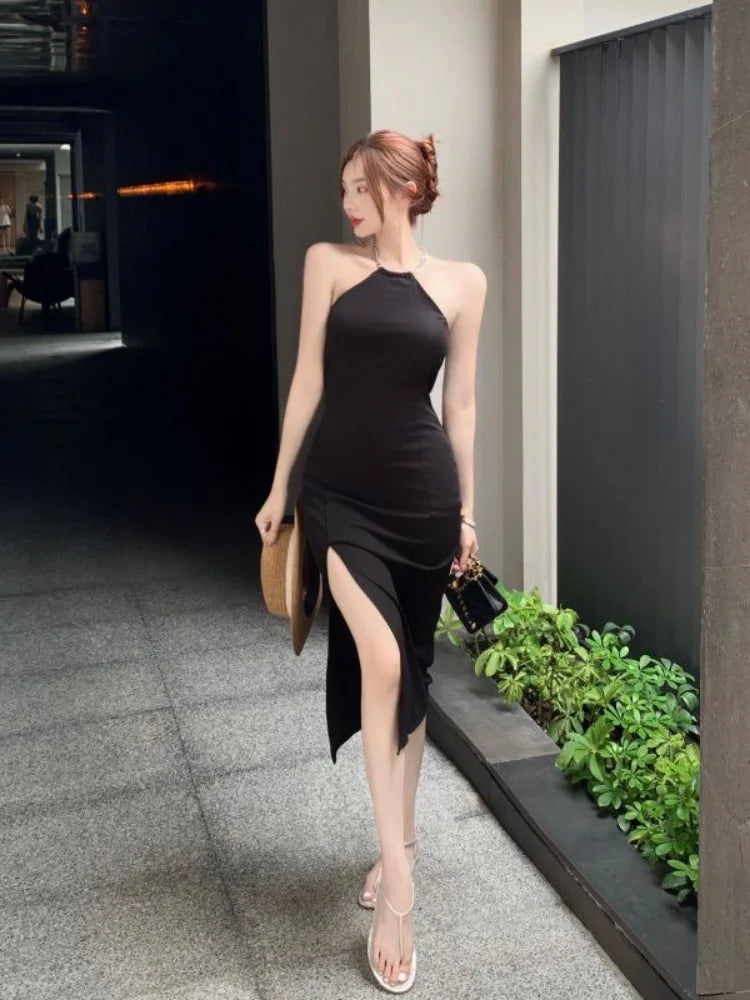 Black Chain Halter Dresses Vintage Elegant Evening Party Bodycon Off Shoulder Backless Split Dress Fashion