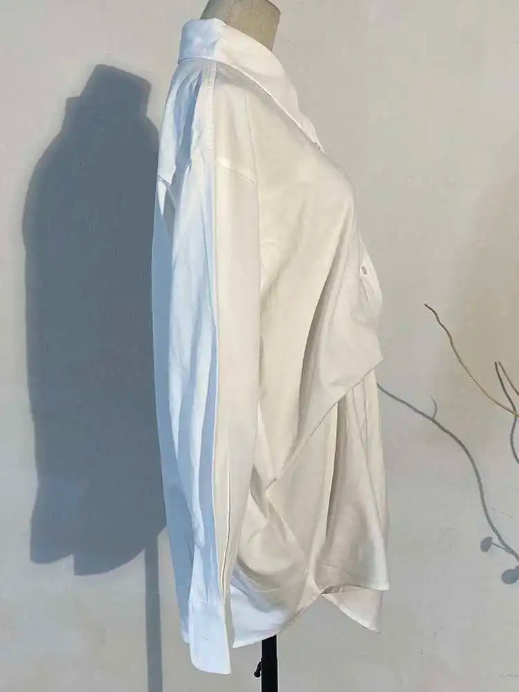 Women White Irregular Knot Split Big Size  Dress New Lapel Long Sleeve Loose Fit Fashion Spring Summer 2025 1X3420