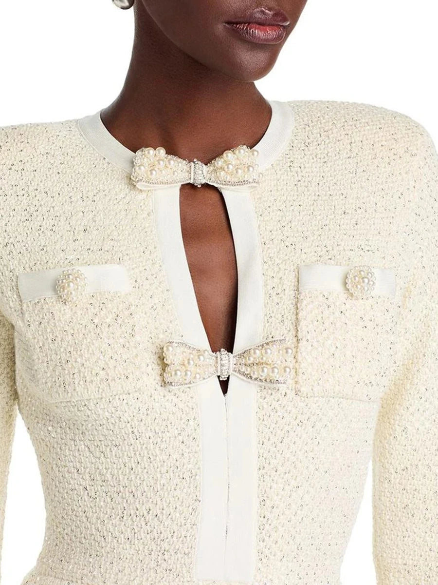 Slimming Spliced Bowknot Fake Two Pieces Dresses for Women Round Neck Long Sleeves Patchwork Pockets Dress Female