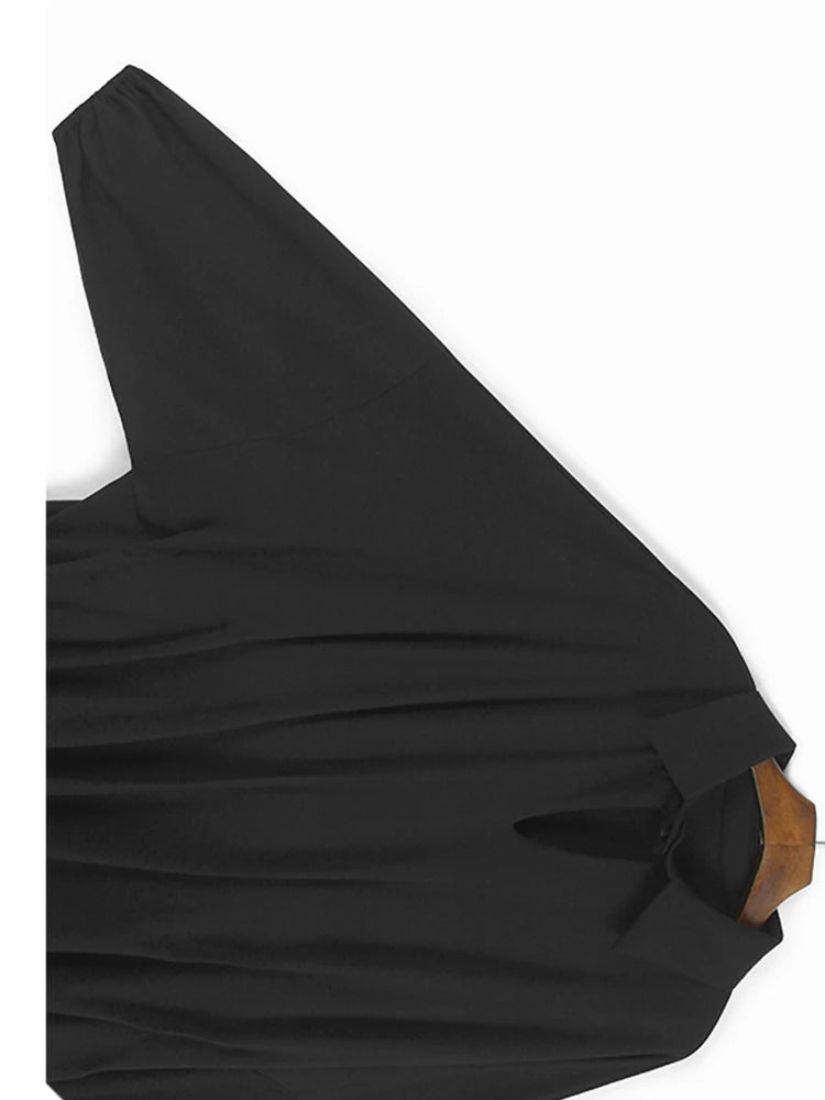 Women Black Pleated Hollow Out Big Size Elegant Mini Dress New V-Neck Long Sleeve Fashion Tide Spring Autumn 2025 1DH9549