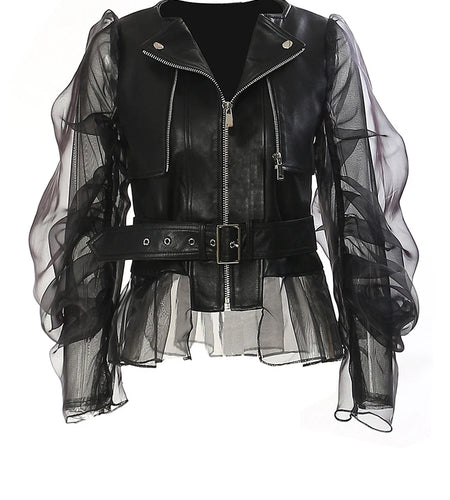 Loose Fit Black Pu Leather Mesh Elegant Jacket New Lapel Long Sleeve Women Coat Fashion Tide Spring Autumn 2025 17A8517