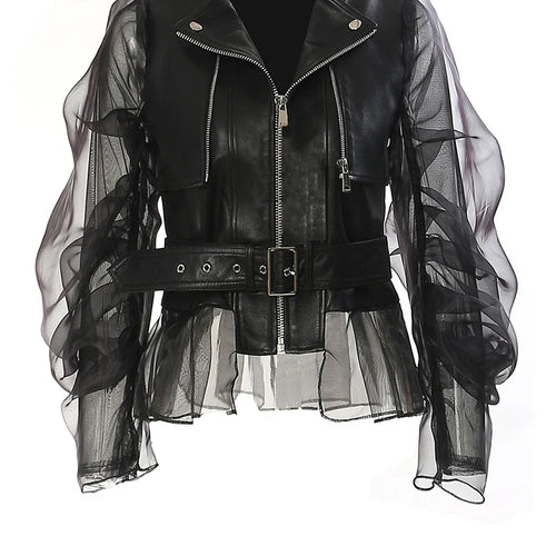 Load image into Gallery viewer, Loose Fit Black Pu Leather Mesh Elegant Jacket New Lapel Long Sleeve Women Coat Fashion Tide Spring Autumn 2025 17A8517
