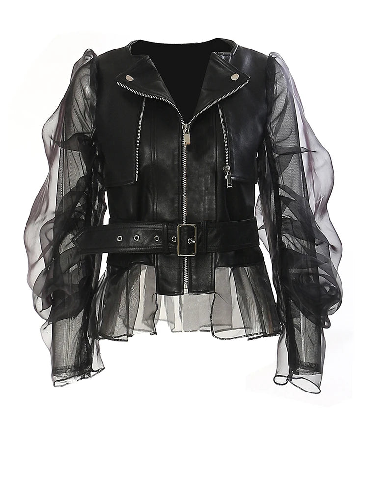 Loose Fit Black Pu Leather Mesh Elegant Jacket New Lapel Long Sleeve Women Coat Fashion Tide Spring Autumn 2025 17A8517