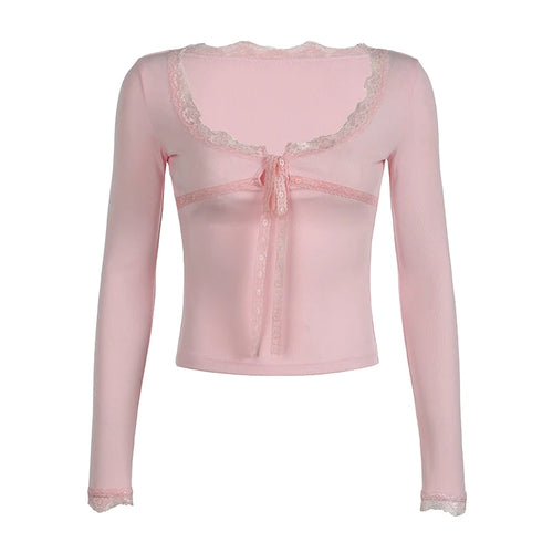 Load image into Gallery viewer, Pink Knit Square Neck Crop Top Slim Lace Spliced Autumn T-shirts Women Coquette Clothes Korean Girls Y2K Tee Sweety
