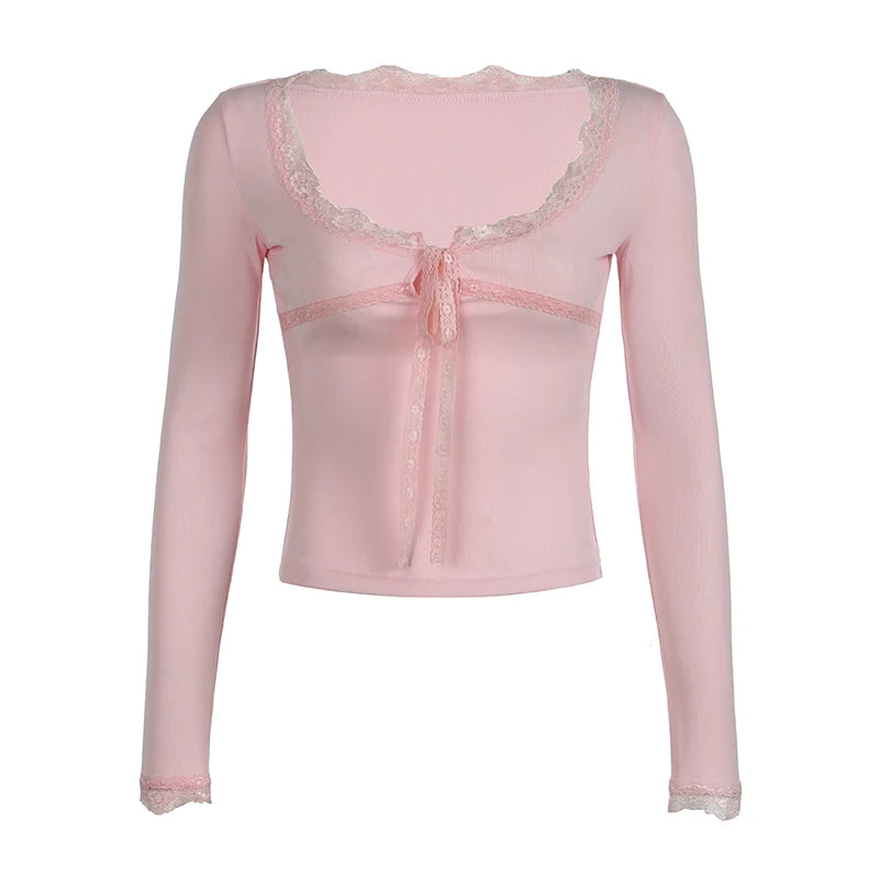 Pink Knit Square Neck Crop Top Slim Lace Spliced Autumn T-shirts Women Coquette Clothes Korean Girls Y2K Tee Sweety